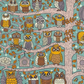 Cute Owlets, Owl Cartoon Design / Modern Mid Century Version / Large Scale, Wallpaper
