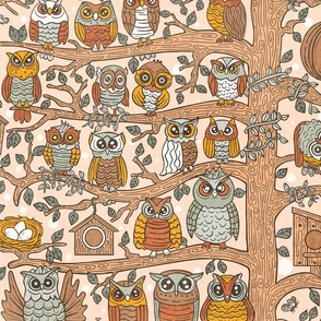 Cute Owlets, Owl Cartoon Design / Neutral Version / Large Scale, Wallpaper