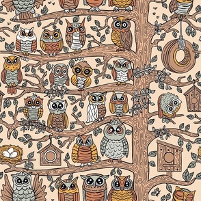 Cute Owlets, Owl Cartoon Design / Beige Version / Medium Scale