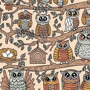 Cute Owlets, Owl Cartoon Design / Beige Version / Small Scale