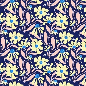 Abstract Flowers and Butterflies in midnight blue and pastel yellow