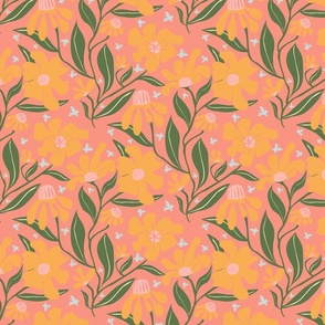 Abstract Flowers and Butterflies in retro pink and yellow