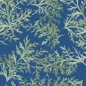 Watercolor Ferns Light Sage on Aegean Blue