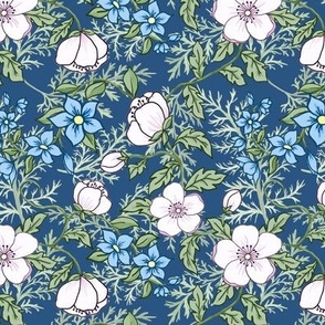 Medium Romantic Appleblossoms and Blue Flowers on Aegean Blue and Ferns