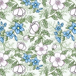 Medium Romantic Appleblossoms and Blue Flowers on Pale Sage and Ferns