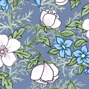 Romantic Appleblossoms and Blue Flowers on Dusty Blue and Ferns