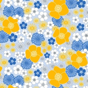 M - Retro Wildflowers Blue & Yellow – Cornflower & Mustard Vintage Floral Meadow 