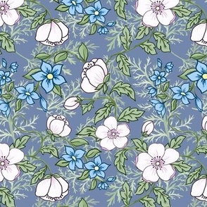 Medium Romantic Appleblossoms and Blue Flowers on Dusty Blue and Ferns