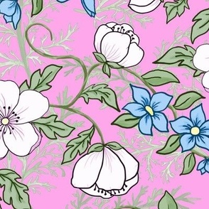Romantic Appleblossoms and Blue Flowers on Light Jam Pink and Ferns