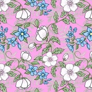 Medium Romantic Appleblossoms and Blue Flowers on Light Jam Pink and Ferns