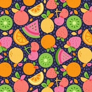 Small scale / Tropical fruits fresh summer fun / lemons watermelons oranges strawberries kiwis cherries melons on textured navy blue / bright colorful retro yellow pink orange and green non directional tossed juicy slices seeds linen kitchen decor
