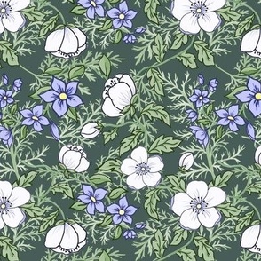 Medium Romantic Appleblossoms and Lavender Flowers on Dark Gray Green and Ferns