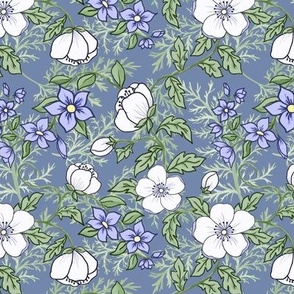 Medium Romantic Appleblossoms and Lavender Flowers on Dusty Blue and Ferns