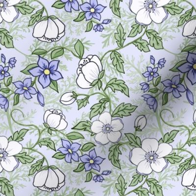 Medium Romantic Appleblossoms and Lavender Flowers on Pale Iris and Ferns