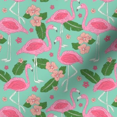 Flamingo summer - freehand flamingos hibiscus flowers banana leaves and frangipani flowers pink green mint blush