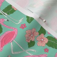 Flamingo summer - freehand flamingos hibiscus flowers banana leaves and frangipani flowers pink green mint blush