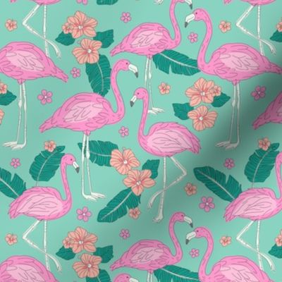 Flamingo summer - freehand flamingos hibiscus flowers banana leaves and frangipani flowers pink blush peach on teal