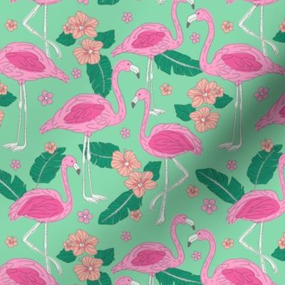 Flamingo summer - freehand flamingos hibiscus flowers banana leaves and frangipani flowers bubblegum pink peach on mint green