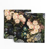 Nostalgic Vintage Summer Romanticism White Pierre-Joseph Redouté Roses,Blue Hydrangea, Purple Lilacs, Antique Flower Bouquets, Vintage Home Decor,  English Rose Fabric - black