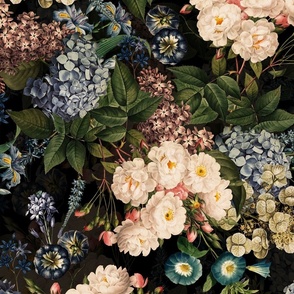 Nostalgic Vintage Summer Romanticism White Pierre-Joseph Redouté Roses,Blue Hydrangea, Purple Lilacs, Antique Flower Bouquets, Vintage Home Decor,  English Rose Fabric - black