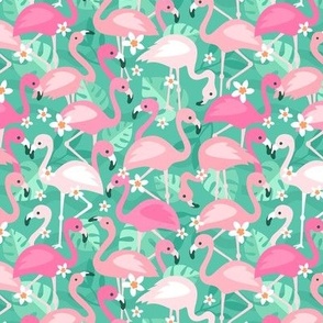 Flamingo flowers and monstera leaves - tropical summer animals and jungle leaves pink blush on teal green