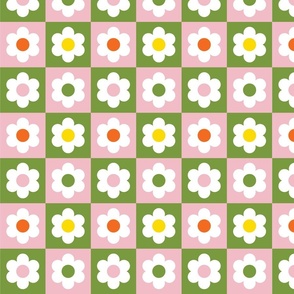Checkerboard Daisies - Green and Pink