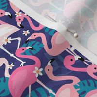 Flamingo flowers and monstera leaves - tropical summer animals and jungle leaves pink blush on blue navy night