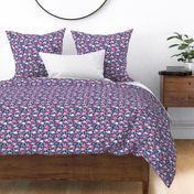 Flamingo flowers and monstera leaves - tropical summer animals and jungle leaves pink blush on blue navy night