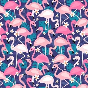 Flamingo flowers and monstera leaves - tropical summer animals and jungle leaves pink blush on blue navy night