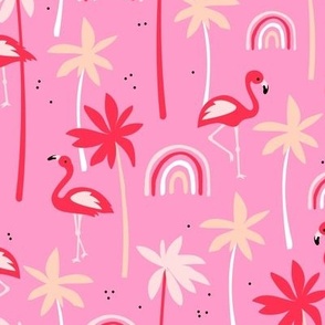 Flamingo summer - flamingos rainbows and palm trees colorful kids animal pattern red blush pink