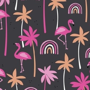 Flamingo summer - flamingos rainbows and palm trees colorful kids animal pattern pink orange on charcoal night