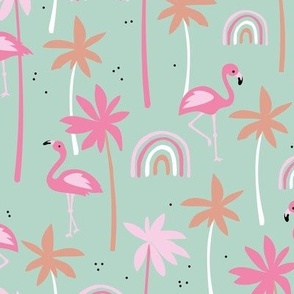 Flamingo summer - flamingos rainbows and palm trees colorful kids animal pattern pink caramel blush on mint green