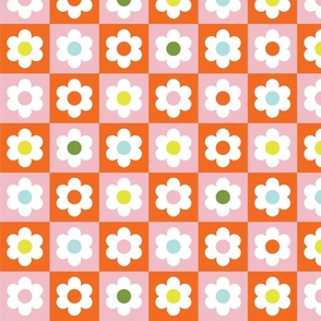 Checkerboard Daisies - Orange and Pink