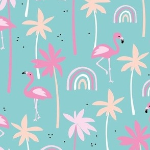 Flamingo summer - flamingos rainbows and palm trees colorful kids animal pattern pink blush on aqua blue