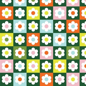 Checkerboard Daisies - Green Multicolor