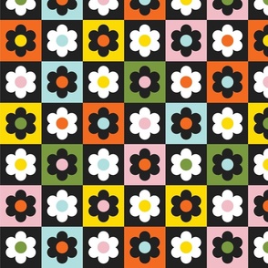 Checkerboard Daisies - Multicolor Black