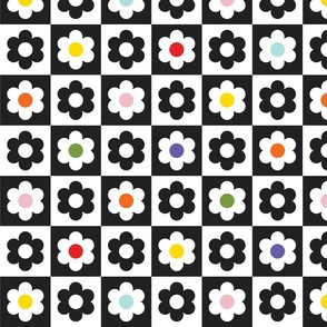 Checkerboard Daisies - Black and White Multicolor