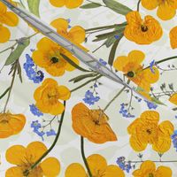 buttercups with friends - Midsummer Dried And Pressed Colorful Wildflowers Meadow , Dried Floral Fabric, Pressed Buttercup Flowers 21"