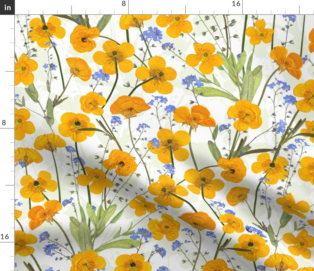buttercups with friends - Midsummer Dried And Pressed Colorful Wildflowers Meadow , Dried Floral Fabric, Pressed Buttercup Flowers 21"