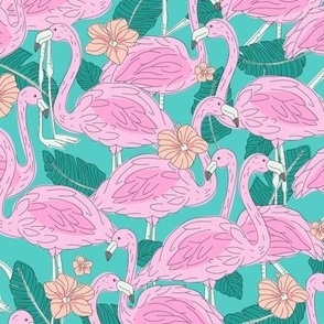 Freehand flamingo jungle - summer tropical flamingos and island vibes frangipani flowers and banana leaves pink blush teal aqua