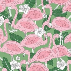 Freehand flamingo jungle - summer tropical flamingos and island vibes frangipani flowers and banana leaves pink olive green