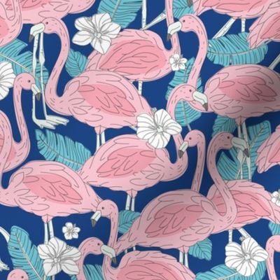 Freehand flamingo jungle - summer tropical flamingos and island vibes frangipani flowers and banana leaves pink blush blue on eclectic blue