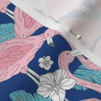 Freehand flamingo jungle - summer tropical flamingos and island vibes frangipani flowers and banana leaves pink blush blue on eclectic blue