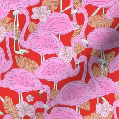 Freehand flamingo jungle - summer tropical flamingos and island vibes frangipani flowers and banana leaves pink orange on red