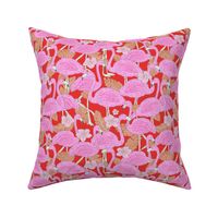 Freehand flamingo jungle - summer tropical flamingos and island vibes frangipani flowers and banana leaves pink orange on red