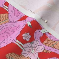 Freehand flamingo jungle - summer tropical flamingos and island vibes frangipani flowers and banana leaves pink orange on red