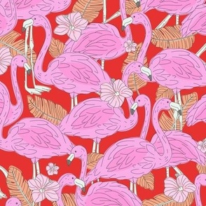Freehand flamingo jungle - summer tropical flamingos and island vibes frangipani flowers and banana leaves pink orange on red