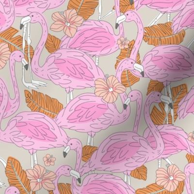 Freehand flamingo jungle - summer tropical flamingos and island vibes frangipani flowers and banana leaves vintage orange pink blush on tan beige