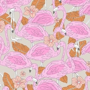 Freehand flamingo jungle - summer tropical flamingos and island vibes frangipani flowers and banana leaves vintage orange pink blush on tan beige