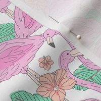 Freehand flamingo jungle - summer tropical flamingos and island vibes frangipani flowers and banana leaves pink mint blush on white
